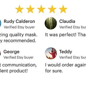 K&ouml;nnte beinhalten: Bild von Kundenbewertungen mit f&uuml;nf goldenen Sternen. Bewertungen beinhalten "Amazing quality mask. Highly recommended," "It was perfect! Thanks!!," "Great communication, excellent product!," und "I would order again for sure."