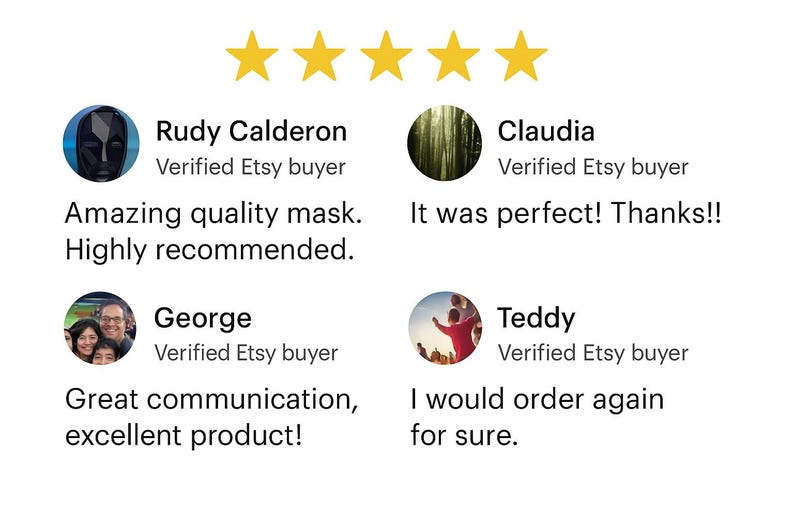 K&ouml;nnte beinhalten: Bild von Kundenbewertungen mit f&uuml;nf goldenen Sternen. Bewertungen beinhalten "Amazing quality mask. Highly recommended," "It was perfect! Thanks!!," "Great communication, excellent product!," und "I would order again for sure."