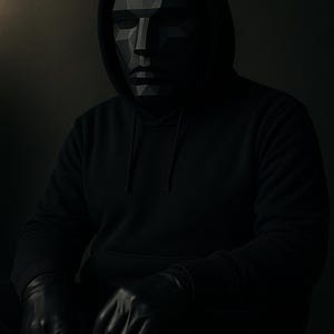 K&ouml;nnte beinhalten: Eine Person in einem schwarzen Kapuzenpullover, schwarzen Handschuhen und einer geometrischen schwarzen Maske. Die Maske hat ein polygonales Design und bedeckt das gesamte Gesicht. Das Bild ist dunkel und stimmungsvoll, mit der Person, die in einem schwach beleuchteten Raum sitzt.