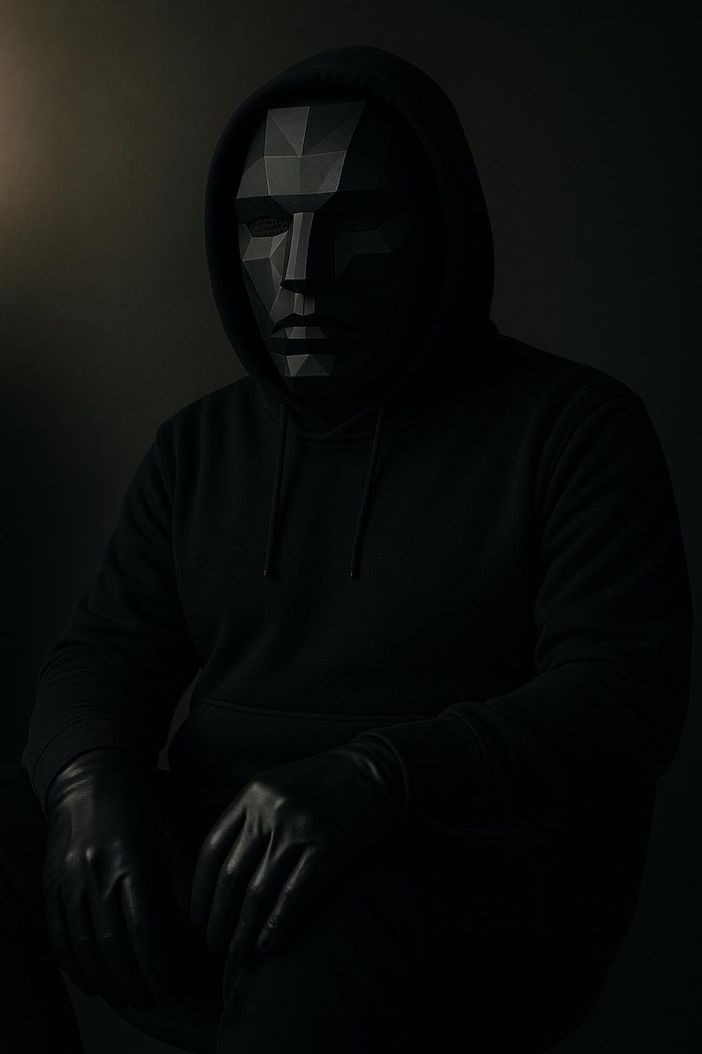 K&ouml;nnte beinhalten: Eine Person in einem schwarzen Kapuzenpullover, schwarzen Handschuhen und einer geometrischen schwarzen Maske. Die Maske hat ein polygonales Design und bedeckt das gesamte Gesicht. Das Bild ist dunkel und stimmungsvoll, mit der Person, die in einem schwach beleuchteten Raum sitzt.