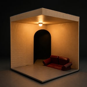 Mini-diorama för bakrum med LED-ljus | Skrivbordsdekoration i liminalutrymmet | Handgjord skräckrumsdisplay | Rumslåda för bakrum | Unik present