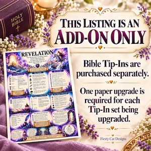 May include: A rectangular paper print featuring a detailed infographic about the Book of Revelation with purple and gold accents. The text reads: This listing is an add-on only. Bible tip-ins are purchased separately. One paper upgrade is required.