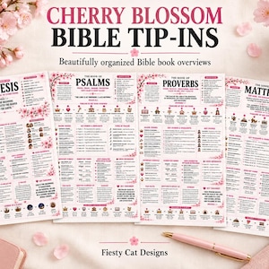 May include: Four white paper sheets featuring Bible book overviews for Genesis, Psalms, Proverbs, and Matthew. Each sheet includes printed text, icons, and pink cherry blossom illustrations. The title reads Cherry Blossom Bible Tip-Ins.