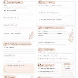 May include: A beige and white journal page with the title "Seek & See Method" and prompts for scripture study, examination, and prayer. The page includes text and space for writing, with decorative floral elements.