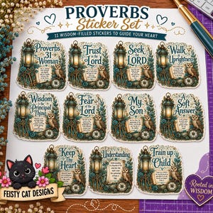 以下が含まれることがあります： Proverbs Sticker Setと題された11枚のダイカットステッカーセット。ランタン、フクロウ、宗教的なテキストが書かれた巻物のイラストが描かれています。各ステッカーには、Trust in the LordやSeek the Lordといったユニークな格言がヴィンテージ調のデザインで記されています。