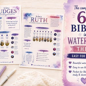 May include: A set of printed Bible study sheets featuring watercolor designs in shades of purple and blue. The sheets include text for The Book of Judges and The Book of Ruth, alongside a promotional graphic titled The complete set of 66 BIBLES.