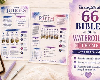 May include: A set of printed Bible study sheets featuring watercolor designs in shades of purple and blue. The sheets include text for The Book of Judges and The Book of Ruth, alongside a promotional graphic titled The complete set of 66 BIBLES.