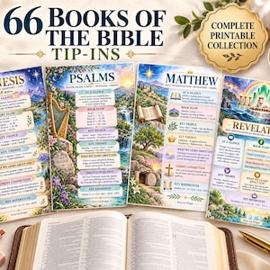 May include: A collection of 66 printable Bible tip-ins featuring colorful illustrations and summaries for Genesis, Psalms, Matthew, and Revelation. Each page includes sections for book flow, key people, themes, and references, presented in a clear, organized layout.