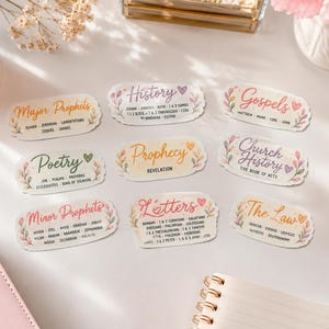 Puede incluir: Nueve pegatinas de forma ovalada con detalles florales en acuarela y encabezados para secciones de la Biblia que incluyen Major Prophets, History, Gospels, Poetry, Prophecy, Church History, Minor Prophets, Letters y The Law, con los libros.