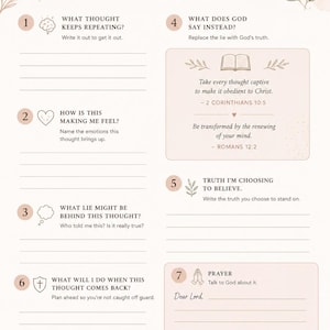 May include: A faith-based mind reset journal titled "Intrusive Thoughts → Truth Reset." The beige-toned journal features prompts for identifying and reframing negative thoughts, with floral and cross illustrations. Includes sections for writing and reflection.