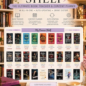 May include: A digital book tracker and content planner, titled "My Forever Shelf," with a display of book covers. The image includes a coffee mug with the text "Just One More Chapter" and a list of features.