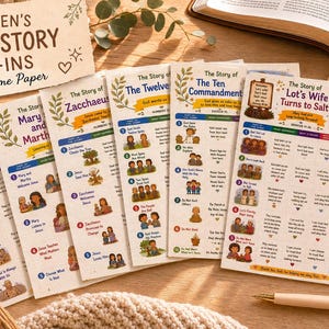 May include: A collection of colorful Bible story tip-ins for children, featuring illustrations and text. The tip-ins include stories like Job, Mary and Martha, Zacchaeus, The Twelve, The Ten Commandments, and Lot's Wife. The text "CHILDREN'S BIBLE STORY TIP-INS" is visible.