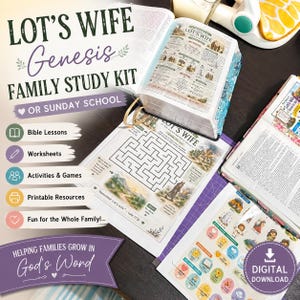 May include: A Lot's Wife Genesis family study kit featuring an open Bible, a printed worksheet with a maze and illustrations, and a sheet of colourful stickers. The materials include text reading Lot's Wife, Genesis, and Digital Download.