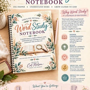 May include: A spiral-bound Word Study Notebook with a floral cover featuring an open book and magnifying glass illustration. The cover text reads Seek & See Method Word Study Notebook. It includes 100+ pages and measures 8.5 x 11 inches.