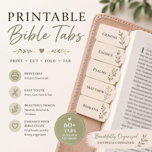 May include: Printable Bible tabs with floral designs, including book names such as Genesis and Exodus. These tabs are designed for easy use, enhancing Bible study organisation. The design is neutral and timeless.