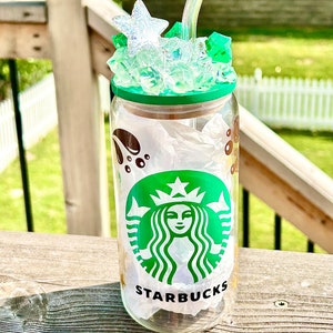 Coffee themed glass beer can with bamboo lid, and glass straw included