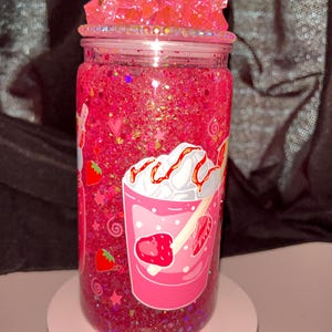Strawberry Glitter Cup – 16oz Snow Globe Tumbler with Sparkly Rhinestone Lid