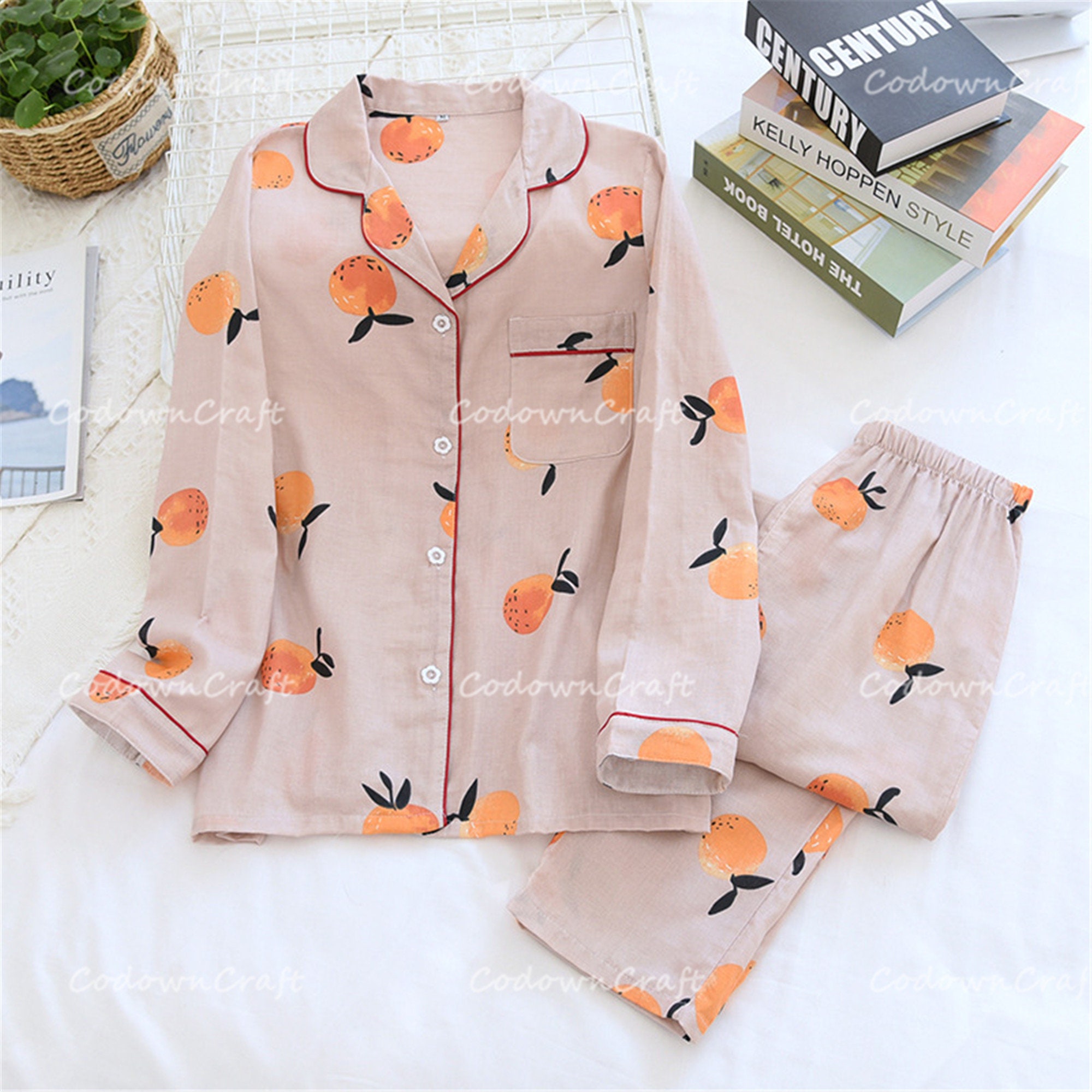 Orange Long Pajama Set for Women Long Sleeve Sleepwear | Etsy