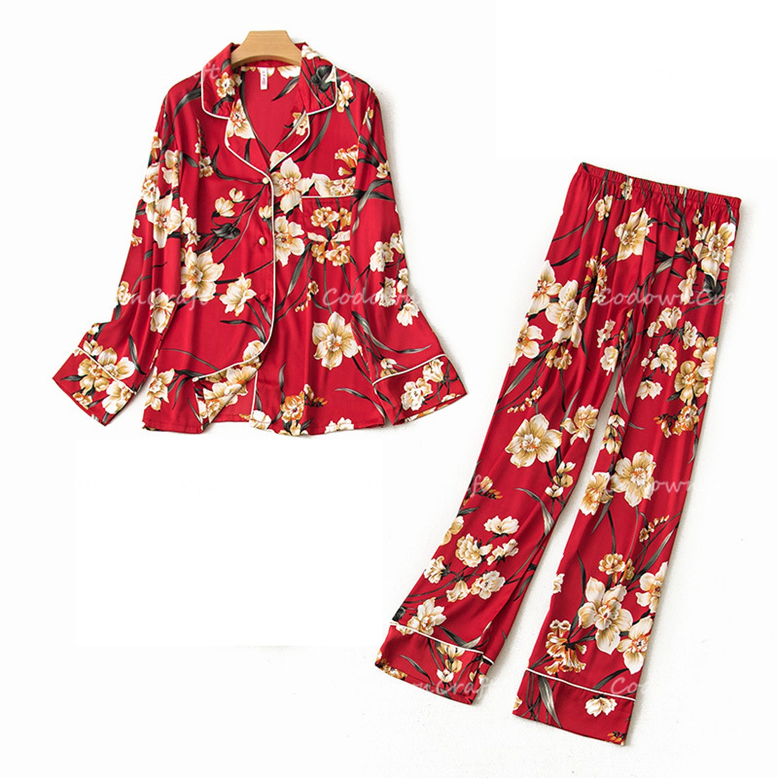 Red Flowers Long Pajama Set Sleepwear Homewear Long Sleeve Etsy