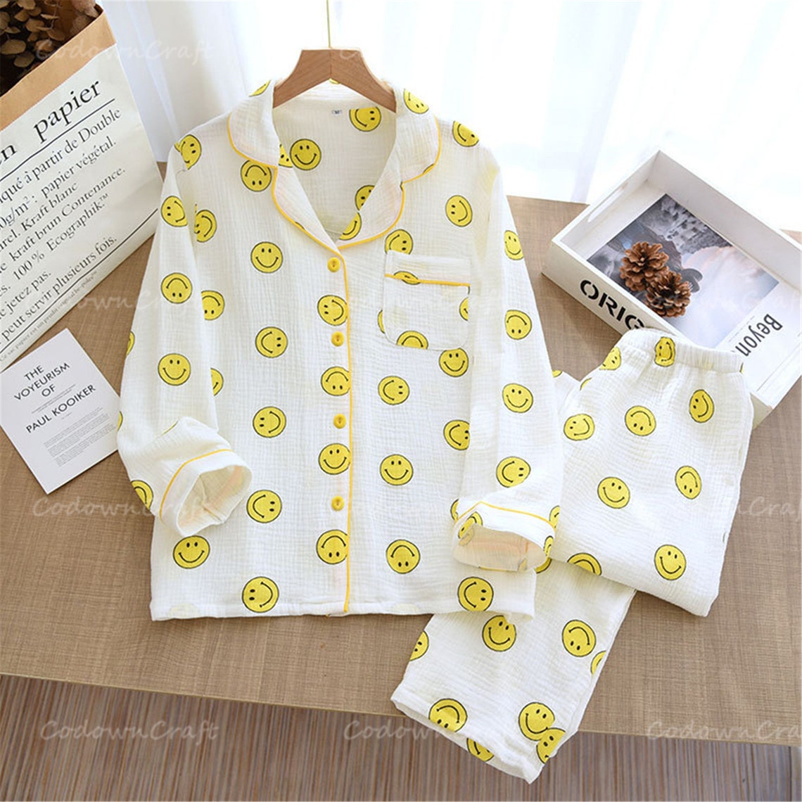 Smiley Pajama Set for Women Smiley Long Sleeve Etsy