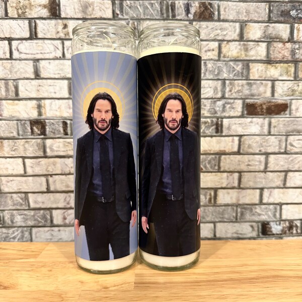 Bougie Parodique Keanu Reeves Saint Prayer - Cadeau Fan John Wick, Blanche 12 Cm