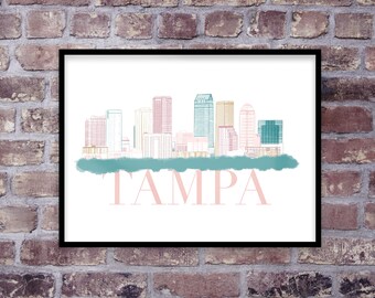 Tampa, Floridas silhuett, Tampa-tryck, centrum, stadsbild, resepresent, heminredning - digital nedladdning
