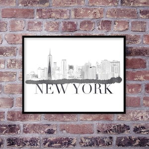 以下が含まれることがあります： ニューヨーク市のスカイラインの白黒イラストで、画像の下に「NEW YORK」というテキストがあります。