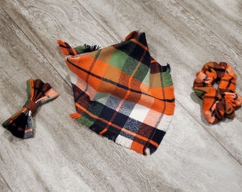 Plaid dog bandana with fringe Pet Neckwear, Pet scarf, Pet accessory - ADD - A Matching Scrunchie, Dog Bow Tie,