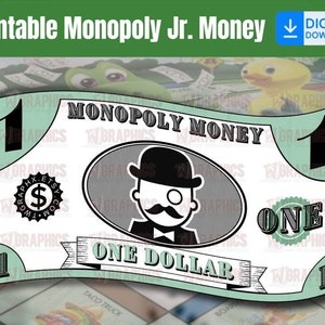 Könnte beinhalten: Druckbares Monopoly Junior-Geld mit einem grün-weißen Schein mit einer schwarz-weißen Illustration eines Mannes mit Zylinder und Monokel. Der Schein trägt die Aufschrift "Monopoly Money" und "One Dollar".