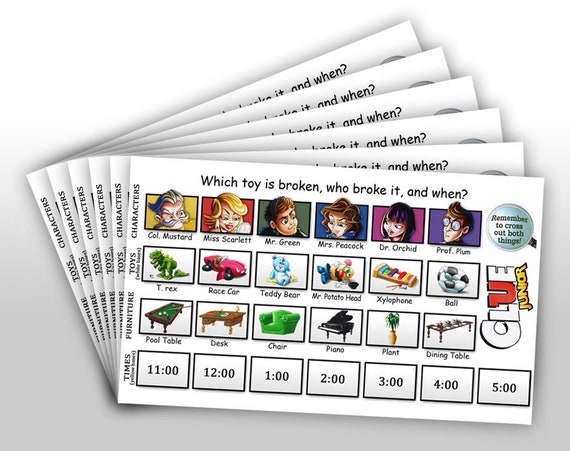 Printable Color Clue Jr. the Case of the Broken Toy Scoring Cards 