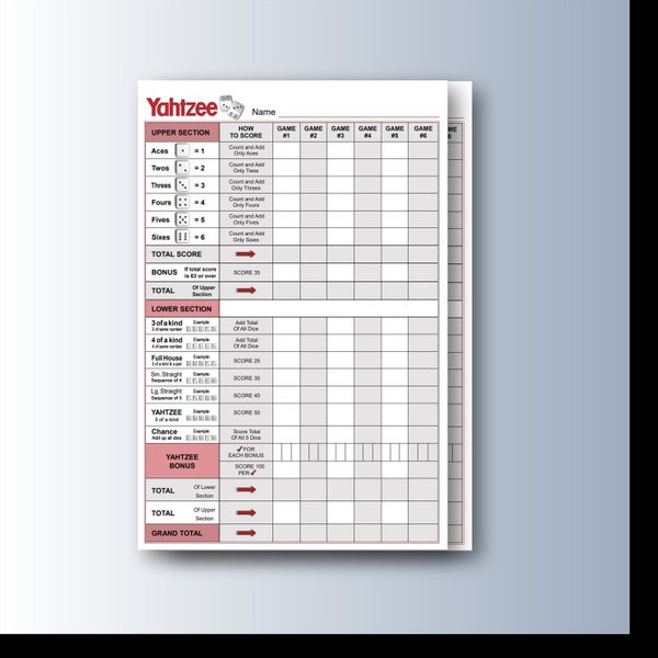 Printable Color Yahtzee scoring cards (6" X 9")