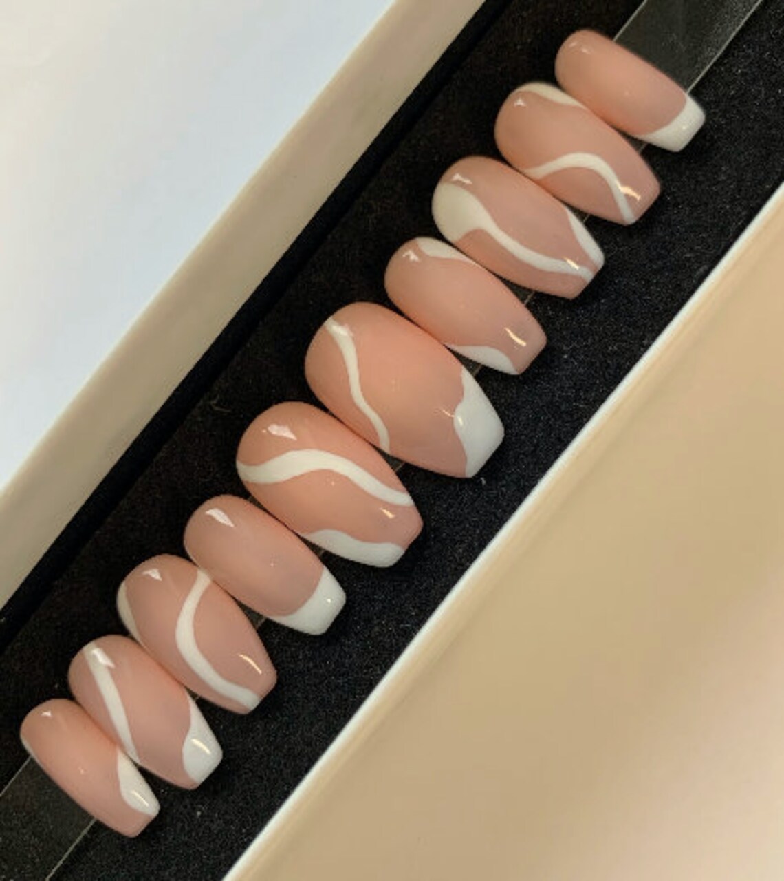 Short Coffin White Swirl Press on Nails Etsy