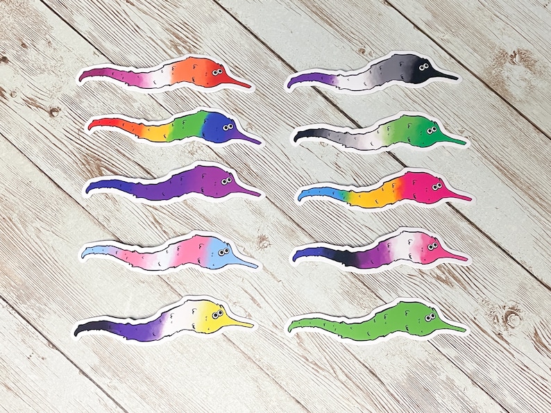 May include: A selection of worm stickers, each displaying a different pride flag design. The stickers feature cartoon worms with smiling faces, in a variety of colours, including rainbow, lesbian, transgender, and non-binary flags.