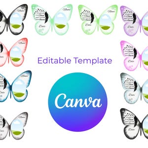 Puede incluir: Una colección de plantillas con forma de mariposa en varios colores, cada una con espacio para una foto y texto. Las plantillas incluyen las palabras "Nombre" y "Fecha", y una cita. La imagen también incluye el texto "Plantilla editable" y el logotipo de Canva.