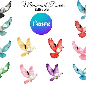 May include: A collection of colorful dove illustrations with open wings, each holding a circular frame with a landscape scene. The doves are in various colors, including blue, pink, and yellow. Text on the wings and the word "Canva" are also visible.