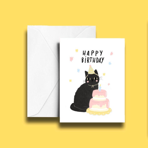 Cat Happy Birthday Card | Black cat birthday card |  Cute Card | Custom Message Card | Cat greeting card | Birthday Cake | Pastel BD Card