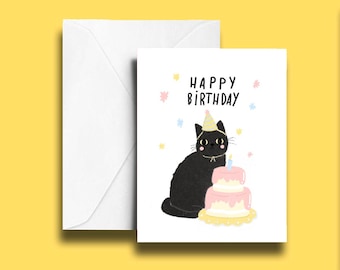 Cat Happy Birthday Card | Black cat birthday card |  Cute Card | Custom Message Card | Cat greeting card | Birthday Cake | Pastel BD Card