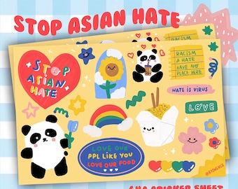 Stop Asian Hate Sticker Sheet | Stop Racism Sticker | Stop AAPI Hate | Hate Crime Sticker | Donation Sticker | Vinyl And Waterproof