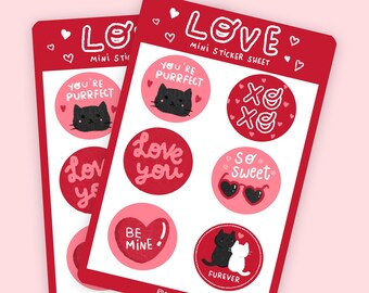 Valentine's Sticker Sheet | love sticker | cat sticker | Cute Sticker | bujo stickers | journal stickers | planner stickers | Black cat