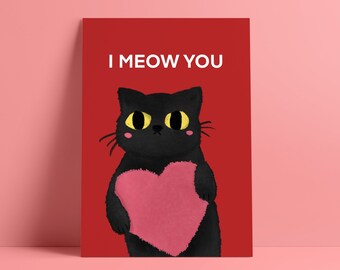 Chat noir JE TE MIAULE | Carte Saint-Valentin | Carte postale de chat | Carte de jour de Galentine | Carte postale Black Cat | Carte de vœux mignonne | Carte Cat