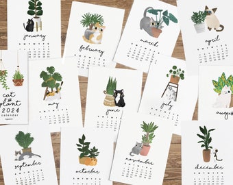 Tischkalender 2024 | Katzen- und Pflanzenkalender | Katzen Monatskalender | Pflanzen Tischkalender | Mini Holz Staffelei Kalender