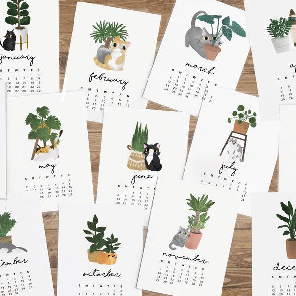 2024 Desk Calendar |  Cat And Plant Calendar | Cats Monthly Calendar | Plant Desk Calendar | Mini Wooden Easel Calendar