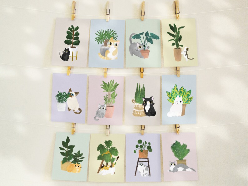 Postcard Pack of 12 Cat And Plant Cat Postcard Plant Postcard Postcard Pack Cute Postcard Set 4x6 Postcard Cat and Plant Print Colors Background