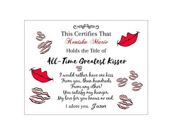 Mall för "All-Time Greatest Kisser Love"-certifikat, 8,5 x 11, enkel att redigera och skriva ut på egen dator och skrivare i Corjl.