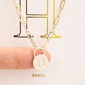 Engraved Initial Letter H Lock Pendant Necklace | Coin Letter H | Personalized Necklace | Brass Gold Finish Necklace | Gift Idea | Handmade