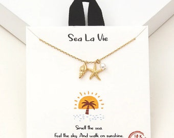 18K Gold/Silver Dipped Jeweled Starfish & Sea Shell Pendant Necklace | Dainty Beach Necklace | Sea La Vie | Gift Idea for Her | Handmade
