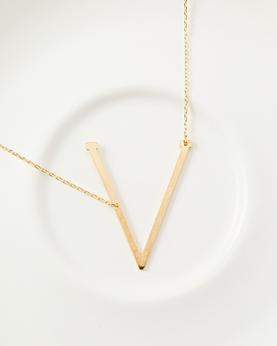 18K Gold Dipped Big Sideways Initial V Necklace Letter V Initial V