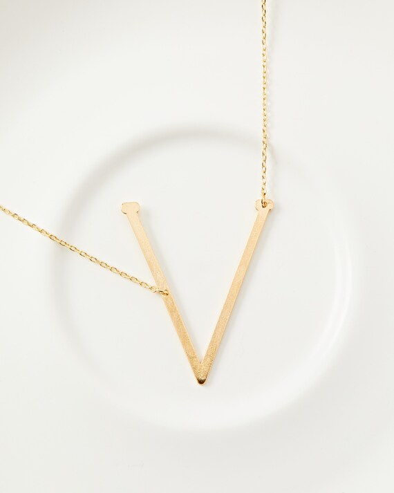 18K Gold Dipped Big Sideways Initial V Necklace Letter V 