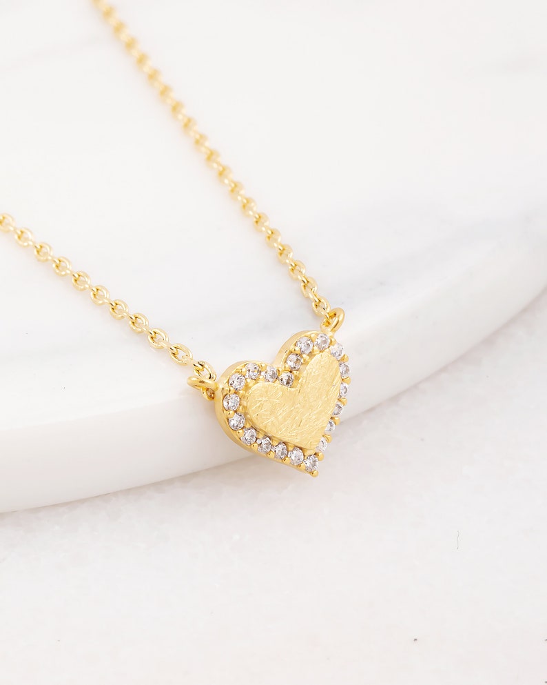 Love Necklace 18K Gold Dipped Jeweled Heart Necklace Brushed Gold Dainty Necklace Gift Idea Handmade Rose Gold Necklace