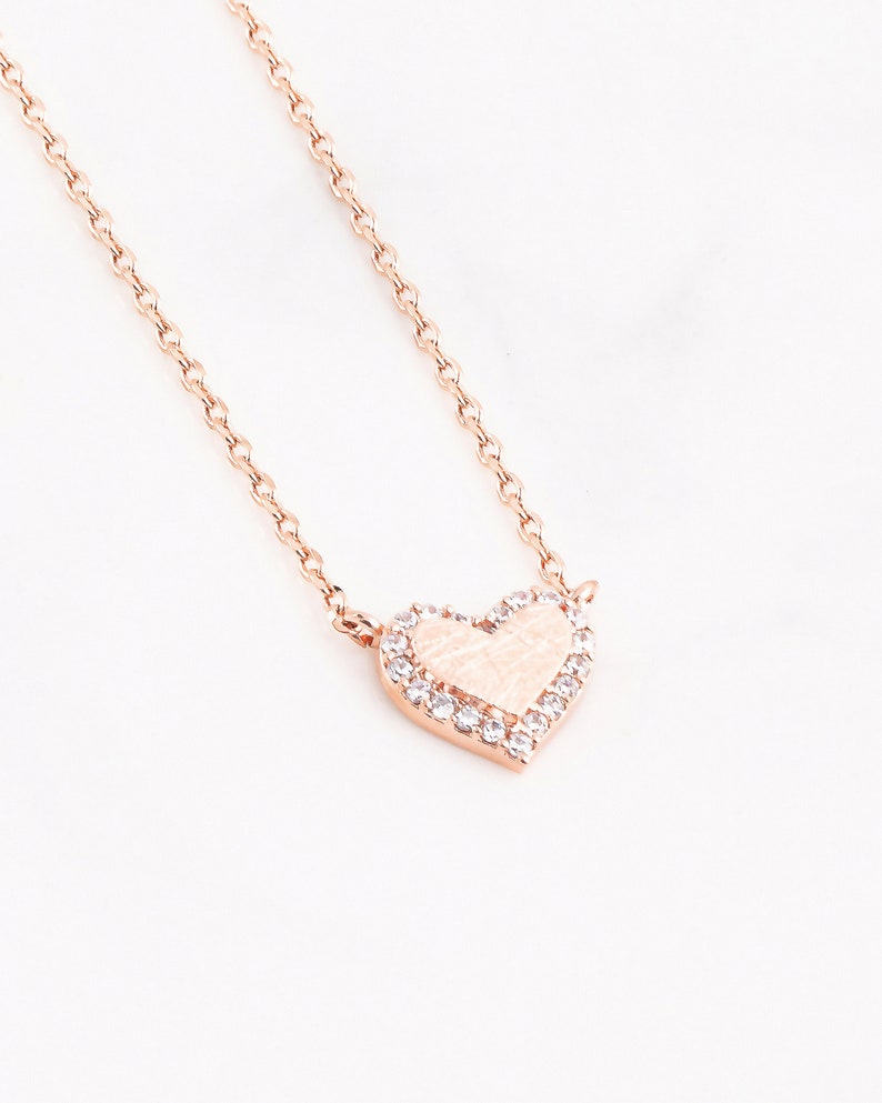 Love Necklace 18K Gold Dipped Jeweled Heart Necklace Brushed Gold Dainty Necklace Gift Idea Handmade Rose Gold Necklace
